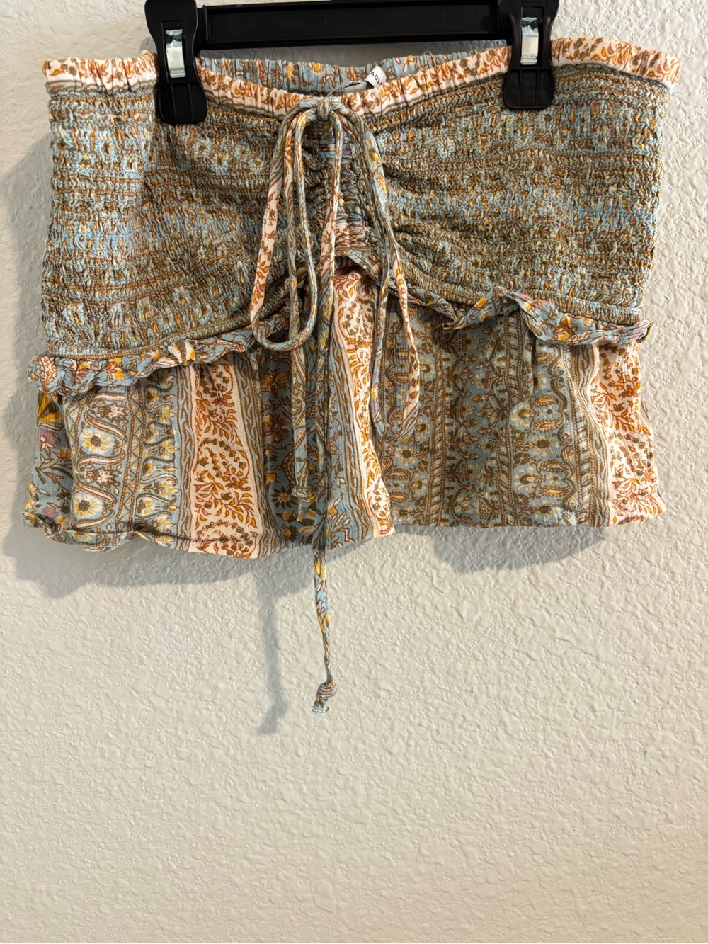 American Eagle Outfitters Floral Smocked Strapless Crop Top in Blue and Tan